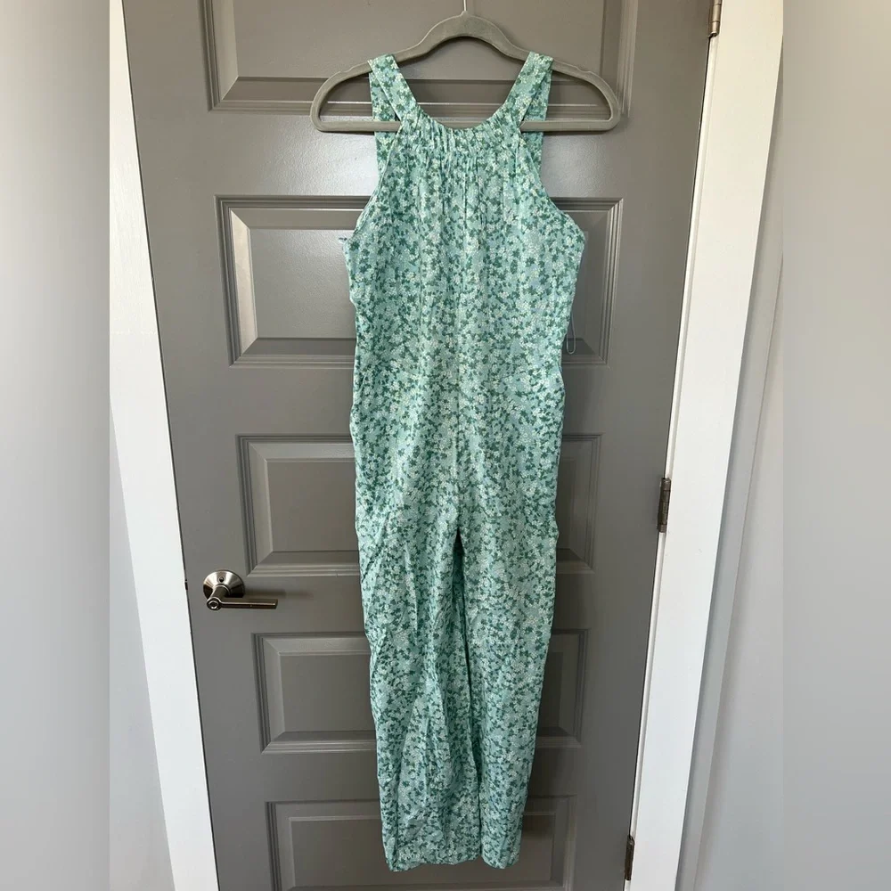 ZARA NECKHOLDER OVERALL LINEN BLEND FLORAL FLOWERS GREEN JUMPSUIT Size XS